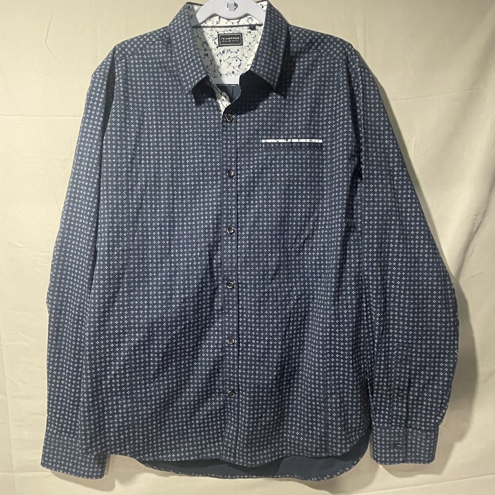 7 Diamonds Navy Blue Ditsy Geometric Print Button Down Long Sleeve Mens XL